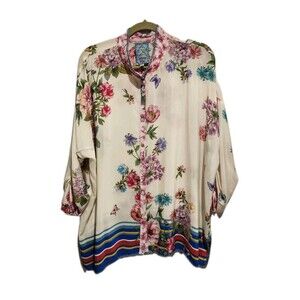 Johnny Was 100% Silk Wilton Blouse White Floral Size XXL